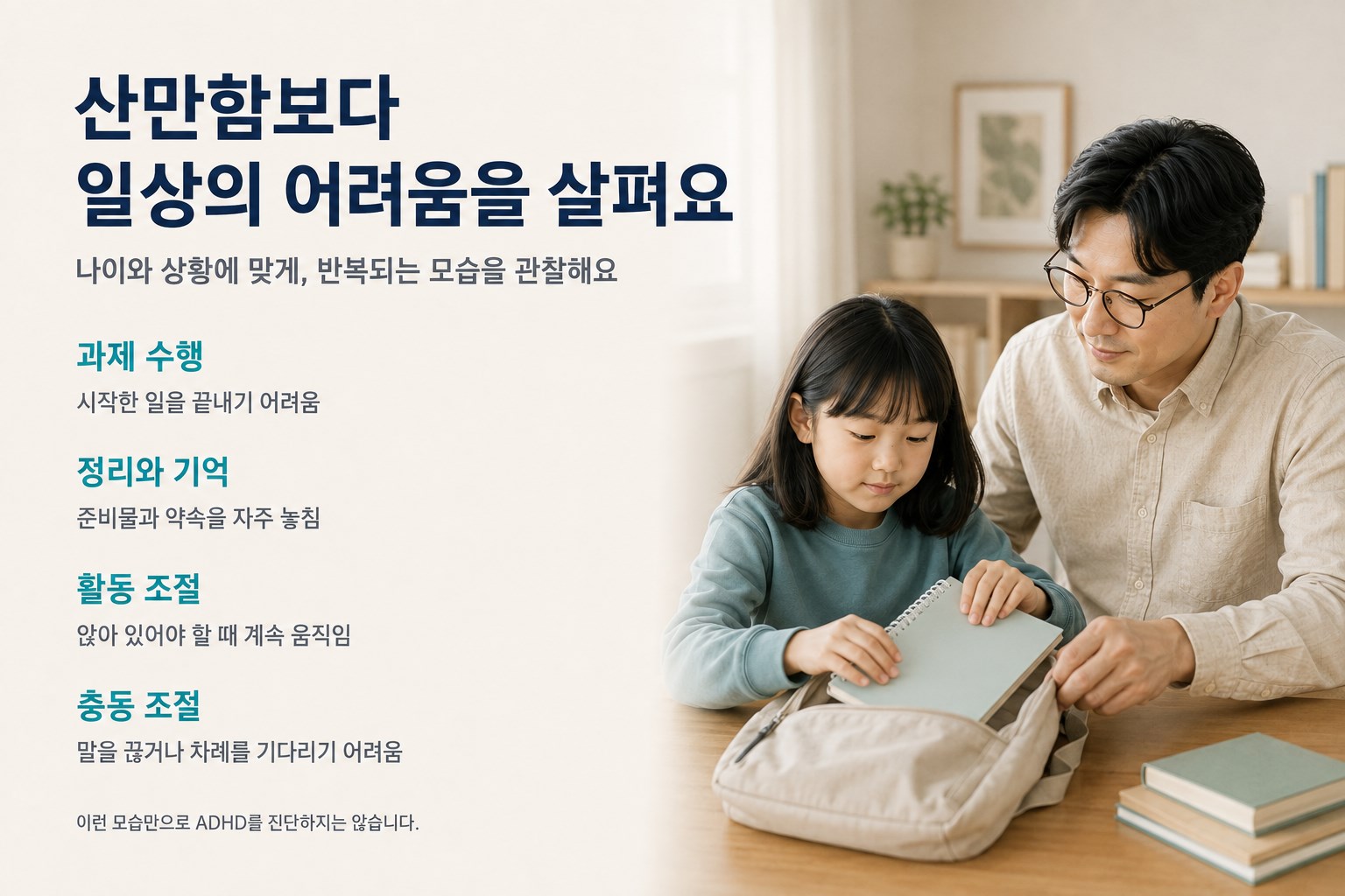 ADHD와 관련해 일상에서 관찰할 모습을 안내하며 준비물을 함께 챙기는 아버지와 딸