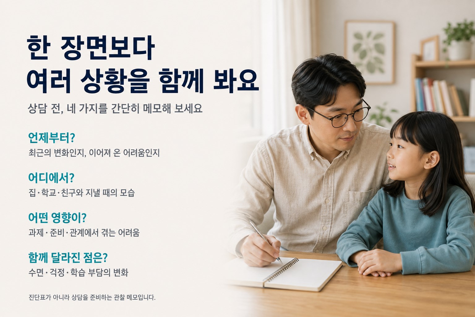 상담 전 기록할 네 가지 질문을 안내하며 아이의 이야기를 메모하는 아버지