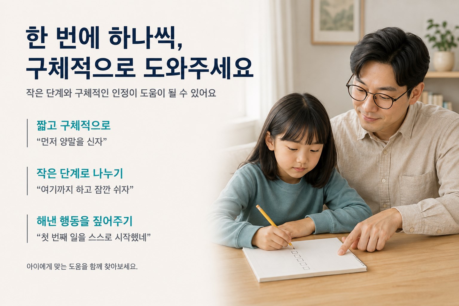 할 일을 작은 단계로 나누고 구체적으로 인정해 주는 가정 지원 안내