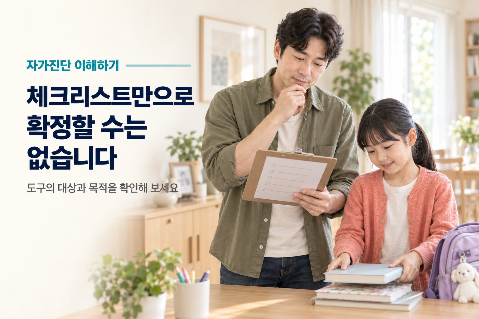 체크리스트를 살펴보는 보호자와 준비물을 정리하는 아이