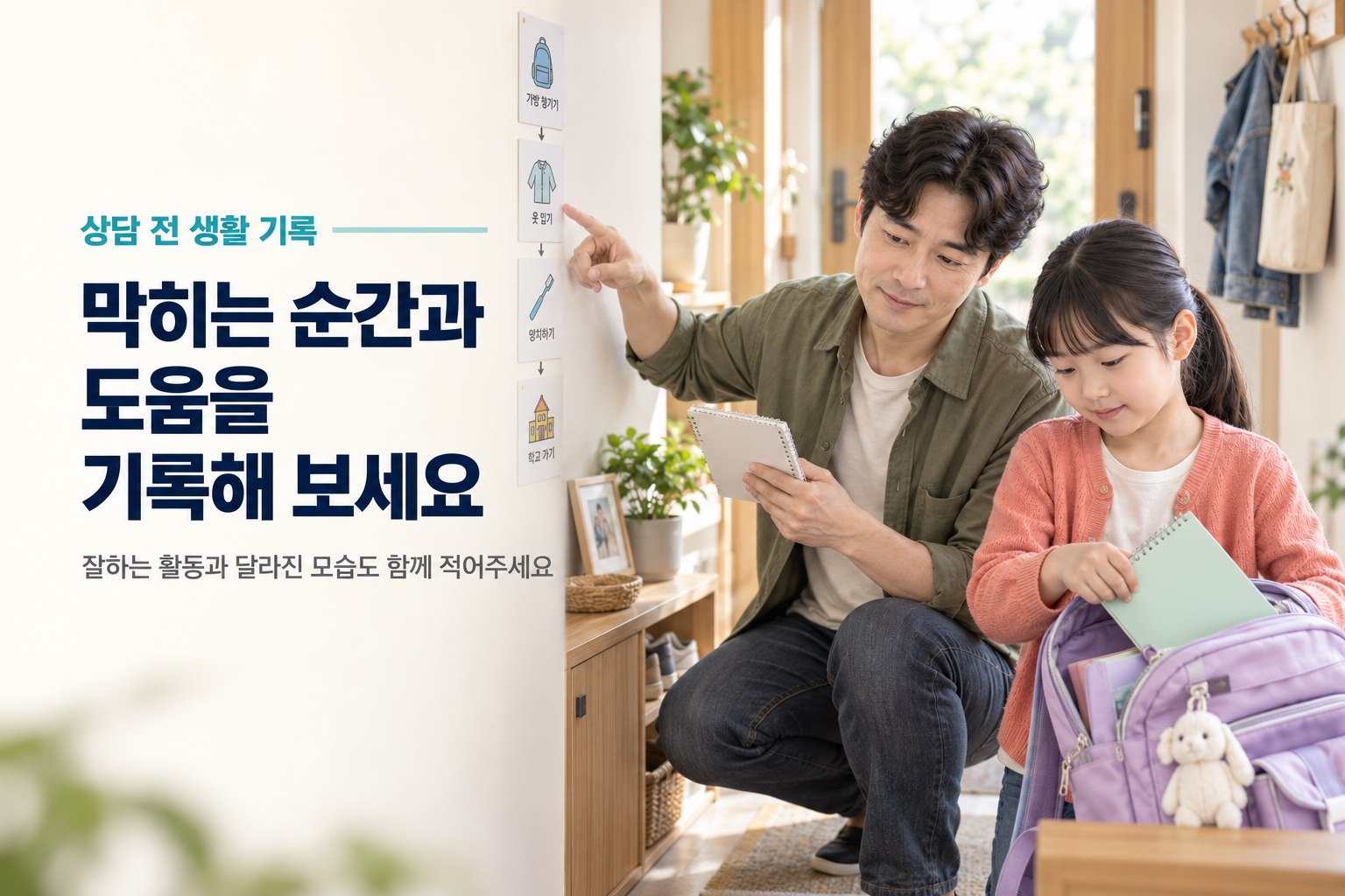 준비물 챙기기를 한 단계씩 돕고 변화를 기록하는 보호자