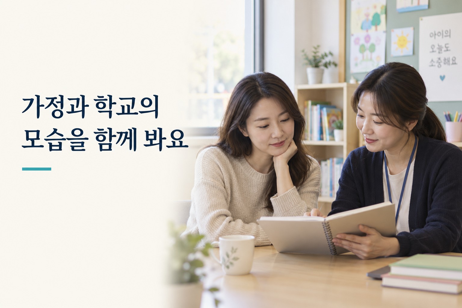 가정과 학교에서 관찰한 모습을 함께 확인하는 부모와 교사