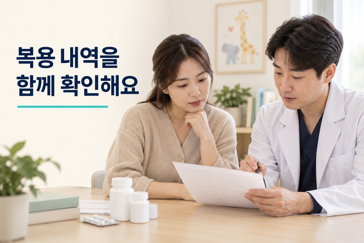 양쪽 의료진과 현재 복용 내역을 함께 확인하는 상담 장면