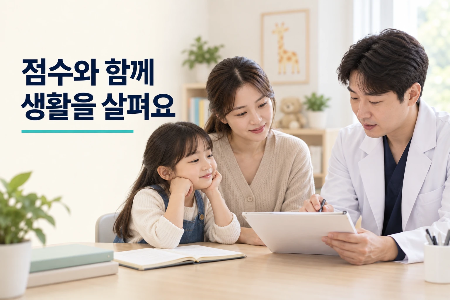 체크리스트와 생활 관찰 메모를 의료진과 함께 확인하는 보호자와 아이