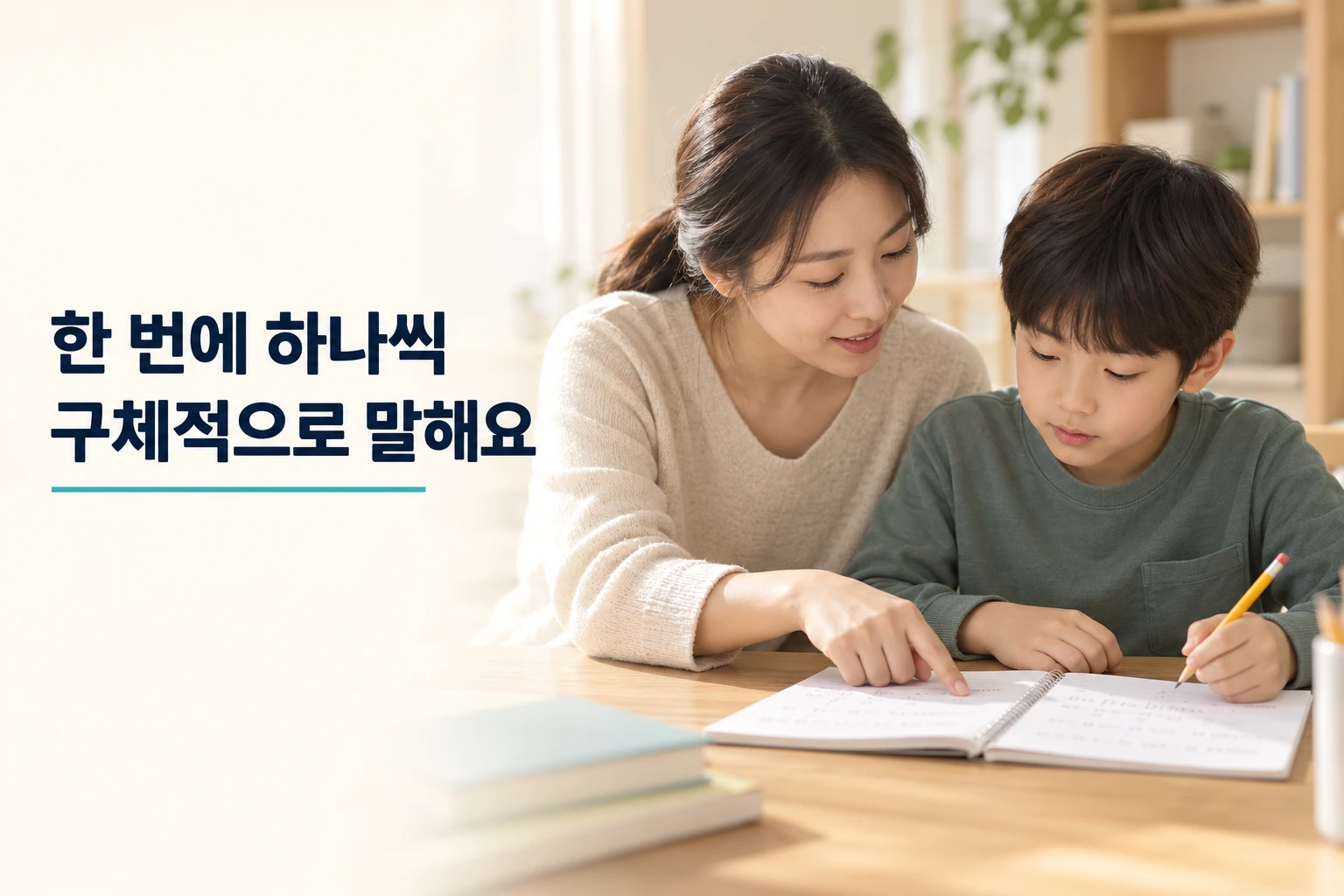 알림장을 펴는 첫 행동을 구체적으로 알려주는 보호자와 아이
