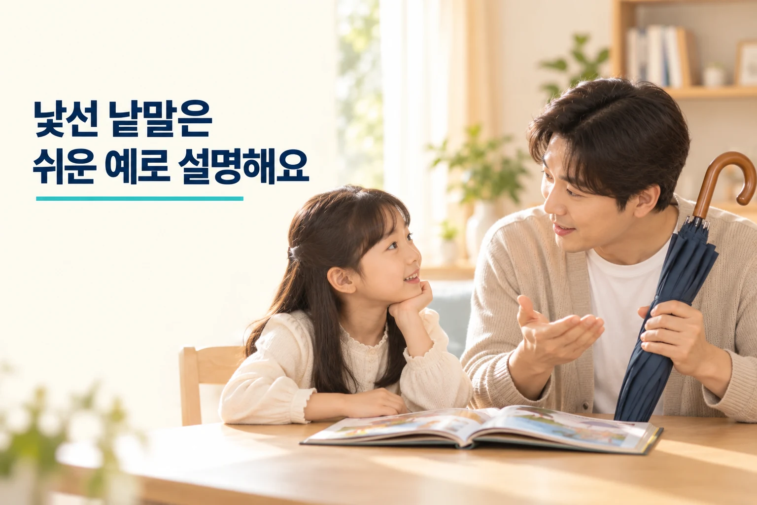 낯선 낱말을 생활 속 물건으로 설명하는 아빠와 아이