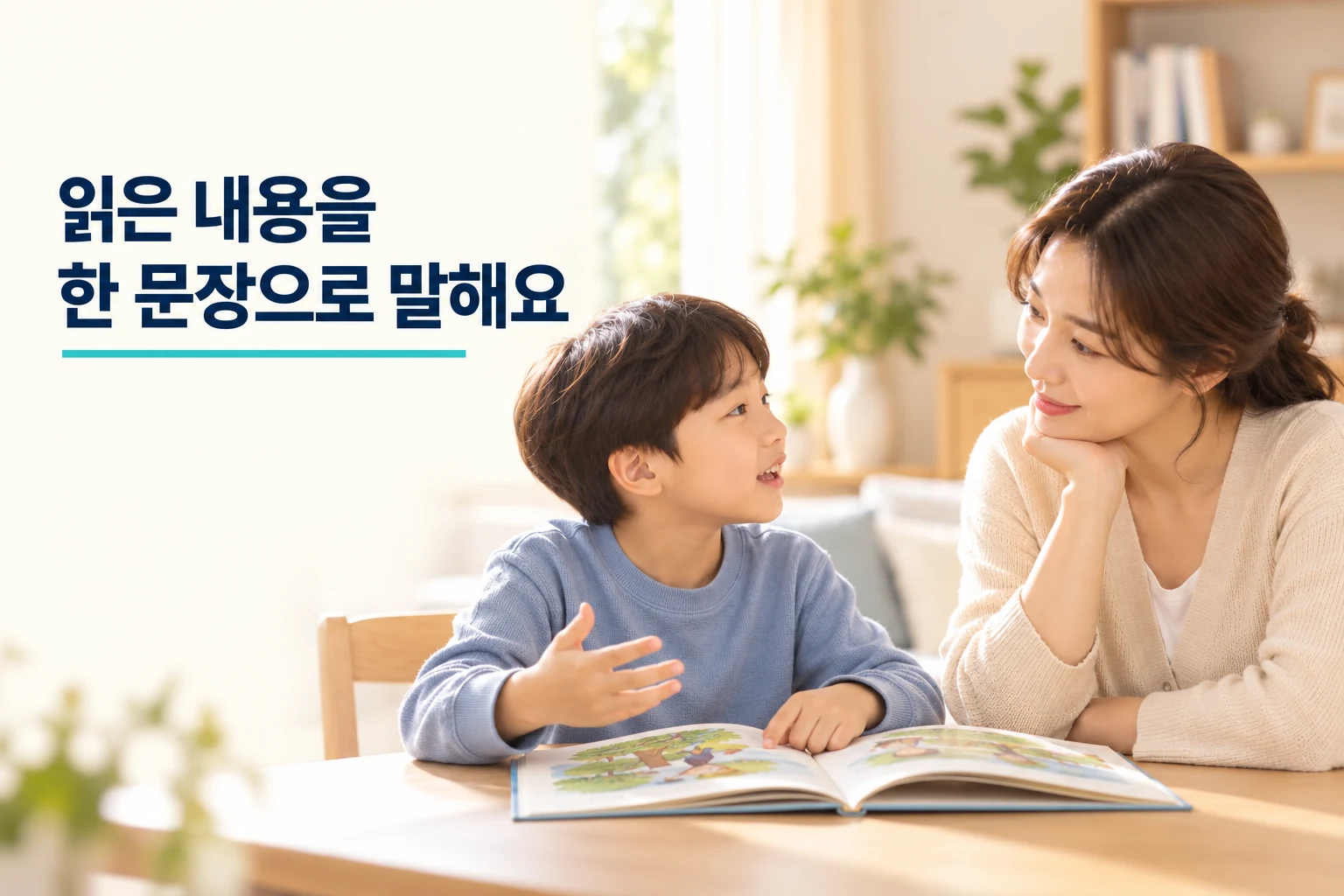 읽은 이야기를 자신의 말로 설명하는 아이와 듣는 보호자
